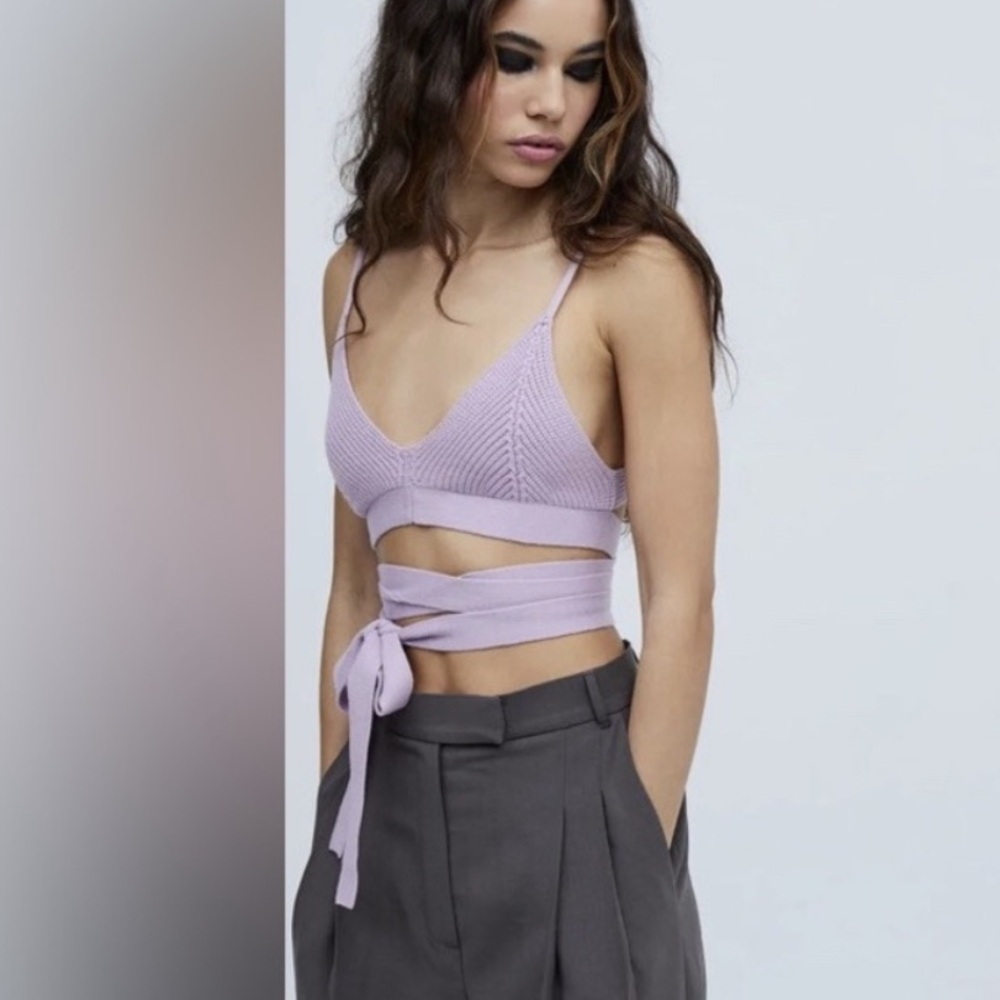 For Love & Lemons Joan Knit Cami Crop Wrap Tie Top Lavender Purple Sz 1X/XXL